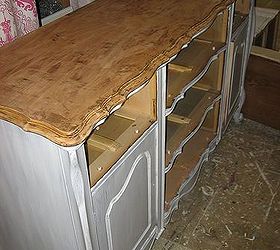 this sideboard was given a thorough sanding and the top was stripped using citristrip, painted furniture, woodworking projects, This image is as close as I have to a before shot thought it is more of a during At this point in time the top had been stripped but not yet sanded and the base had been primed for paint What a difference color can make on a drab piece