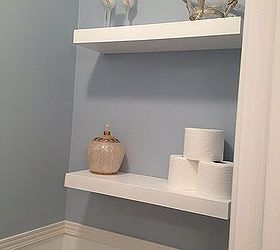 large bathroom mirror redo to double framed mirrors and cabinet, bathroom ideas, home decor, shelving ideas, finished floating shelf project