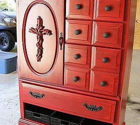 re purpose dumpster chest of drawers, painted furniture, Painted the fixtures with Rustolem and put them back in place Since there was no bottom draw to the chest I purchased some baskets for more storage
