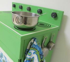 before amp after the makeover of a wooden play kitchen, chalk paint, diy, how to, painted furniture, Cup hooks on the side allow kids to store measuring spoons and a towel