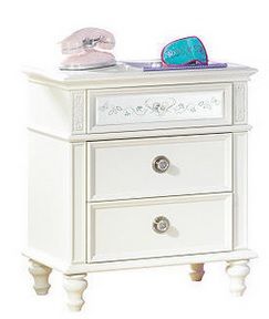 White nightstand with mirrored drawer front and glass knobs.