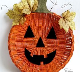 wicker paper plate holder jack o lantern door hanger, crafts, halloween decorations, repurposing upcycling, seasonal holiday decor