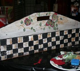 transforming a rustic tool caddy into a work of art, repurposing upcycling, Adding a black and white checkerboard pattern