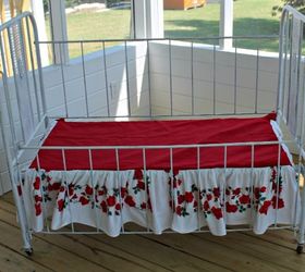 a vintage baby bed turned into a comfy bench, outdoor furniture, repurposing upcycling