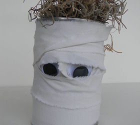 mummy treat cans from the recycling bin, crafts, halloween decorations, repurposing upcycling, seasonal holiday decor