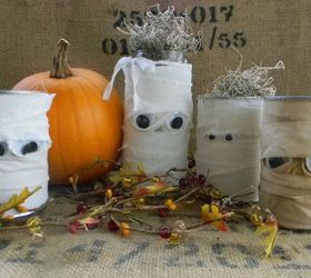 mummy treat cans from the recycling bin, crafts, halloween decorations, repurposing upcycling, seasonal holiday decor