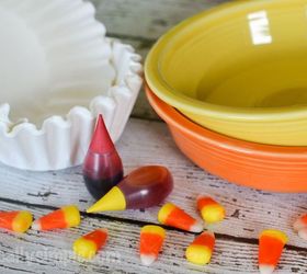coffee filter candy corn, crafts, halloween decorations, repurposing upcycling, seasonal holiday decor