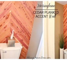 cedar planked herrinbone bathroom wall, bathroom ideas, diy, small bathroom ideas, wall decor, woodworking projects