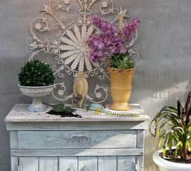 a potting bench a diy chandelier, lighting, outdoor furniture, painted furniture, repurposing upcycling