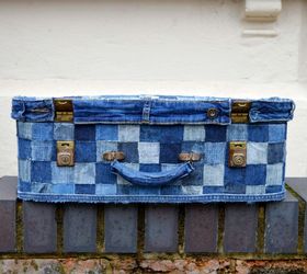 upcycle an old suitcase with jeans to create some fun storage no sew, crafts, decoupage, repurposing upcycling