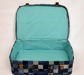 upcycle an old suitcase with jeans to create some fun storage no sew, crafts, decoupage, repurposing upcycling