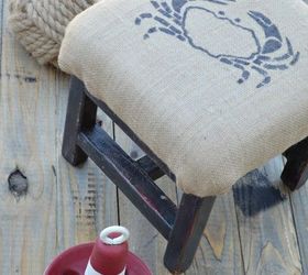 coastal burlap upholstered footstool, painted furniture, repurposing upcycling, reupholster