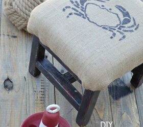 coastal burlap upholstered footstool, painted furniture, repurposing upcycling, reupholster