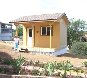 golden yellow garden shed, diy, outdoor living, woodworking projects