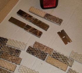 a quick bathroom mirror upgrade, bathroom ideas, concrete masonry, home decor, tiling, wall decor, Backsplash tiles cut into 2 each lengths