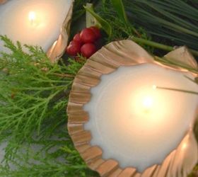 beautiful gold candles made using spray paint and sea shells, christmas decorations, crafts, seasonal holiday decor