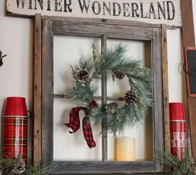 anchoring a christmas mantel with an old weathered window frame, christmas decorations, fireplaces mantels, seasonal holiday decor