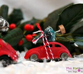 vintage red car driving home with the tree, christmas decorations, crafts