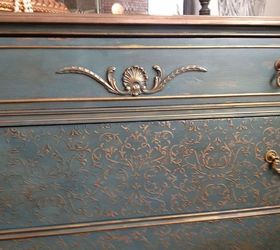 how to use wall spackling a stencil and paint for a glam look, how to, painted furniture, close up of front