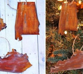 diy faux rusted metal state ornaments from a cereal box, christmas decorations, crafts, seasonal holiday decor