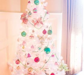 preppy pink green christmas tree with vintage shiny brite ornaments, christmas decorations, seasonal holiday decor