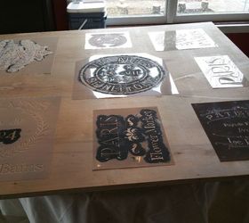 painted board for glass top dining table, chalk paint, painted furniture, Drug our several stencils