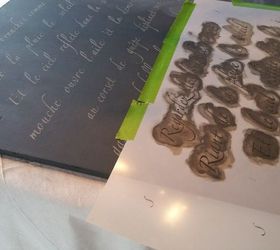 painted board for glass top dining table, chalk paint, painted furniture, French typography stencil