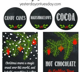 hot chocolate coffee bar, christmas decorations, seasonal holiday decor