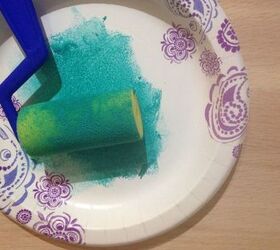 repurposed stair tread into cutting board, repurposing upcycling, woodworking projects, Put paint on a paper plate and load roller