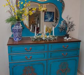 painted teal blue mirror furniture dresser, painted furniture