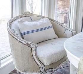 easy upholstery a french settee and grain sack scraps, chalk paint, painted furniture, reupholster