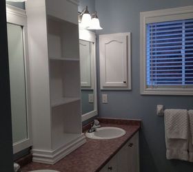 large bathroom mirror redo to double framed mirrors and cabinet, bathroom ideas, home decor, shelving ideas, NOTE the cabinet was not from the counter top up it was actually started at the back splash just because the back splash is beveled and it just made it easier to start with something flat and dress and trim the bottom