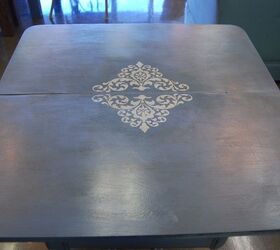 little blue table gets its game on, painted furniture, Painted with La Craie s French Blue stenciled then antiqued using clear and dark wax