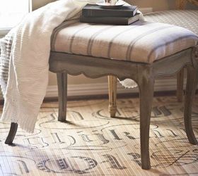 camille my trash turned treasure french vanity, chalk paint, painted furniture, Vanity bench reupholstered with French ticking in a linen fabric