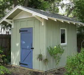 8 x10 custom board and batten shed with cypress bead board door, outdoor living, storage ideas, The rafter tails are angle cut to match the main house