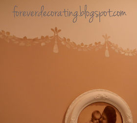 my stairwell with painted scallops and new wainscoting, painting, woodworking projects, A close up of the stencil scallops