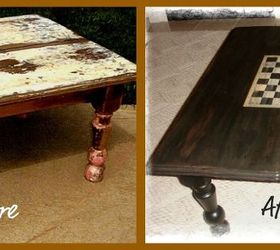 before and after checkerboard table, home decor, painted furniture, Purchased for 5 at a garage sale Hubby made sturdy and I painted it