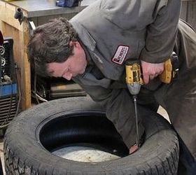 up cycled tire planter, container gardening, flowers, gardening, perennials, repurposing upcycling, Step 3 Securely fasten junk tire to base with long screws