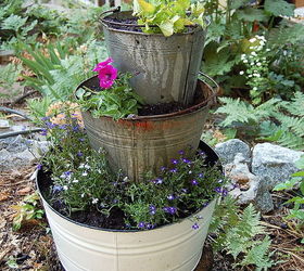 old buckets and flowers flowers gardening repurposing upcycling