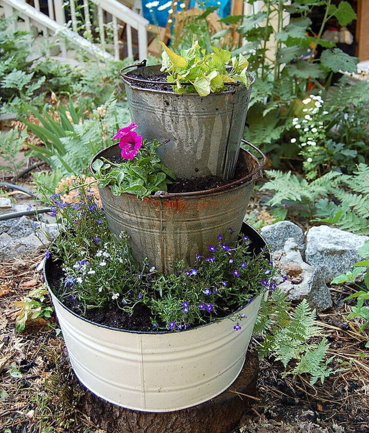 old buckets and flowers flowers gardening repurposing upcycling