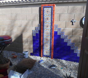 diy hand painted talevera tile accent wall, outdoor living, painting, wall decor, Repeating design on both sides