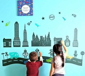diy chalkboard robot town wall decals project, bedroom ideas, chalkboard paint, wall decor