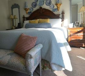 blue and white plate wall from the thrift store, bedroom ideas, repurposing upcycling, wall decor
