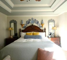 blue and white plate wall from the thrift store, bedroom ideas, repurposing upcycling, wall decor
