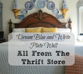 blue and white plate wall from the thrift store, bedroom ideas, repurposing upcycling, wall decor
