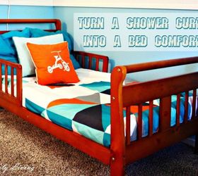 turn a shower curtain into a bed comforter, bathroom ideas, repurposing upcycling, reupholster