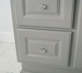 diy custom gray painted bathroom vanity from a builder grade cabinet, bathroom ideas, painted furniture
