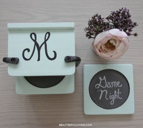 thrift item upcycled into family night themed coasters, chalkboard paint, crafts, repurposing upcycling