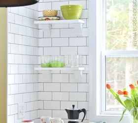 white with pops of color kitchen makeover, diy, kitchen backsplash, kitchen cabinets, kitchen design, paint colors, shelving ideas