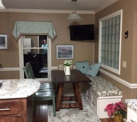 banquette bench seating before during and after, diy, kitchen design, reupholster, View With Peninsula